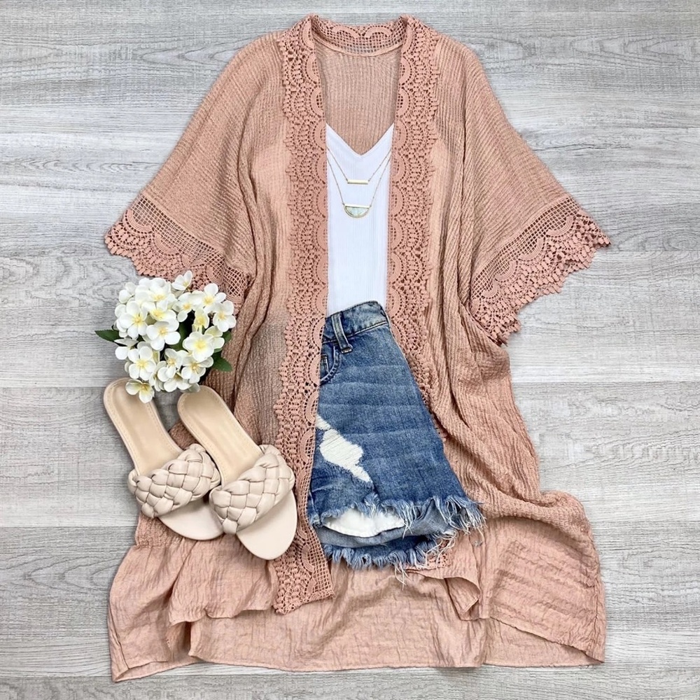 Scallop Lace Trim Kimono | MAUVE - Picture 3 of 4